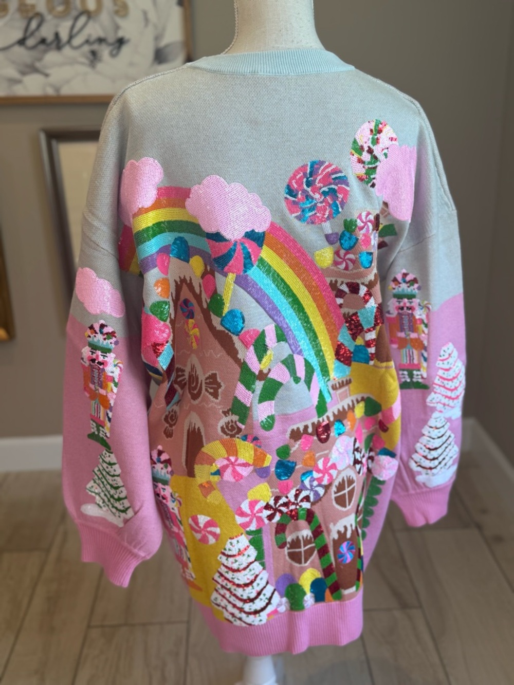 New! QUEEN OF SPARKLES Pink Candyland Sequin Sweater Dress - Picture 8 of 10